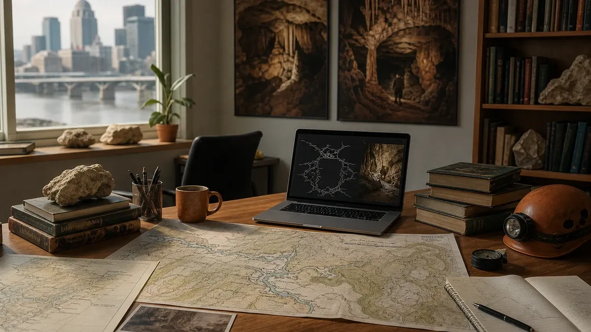 Cave travel editorial research scene with karst maps