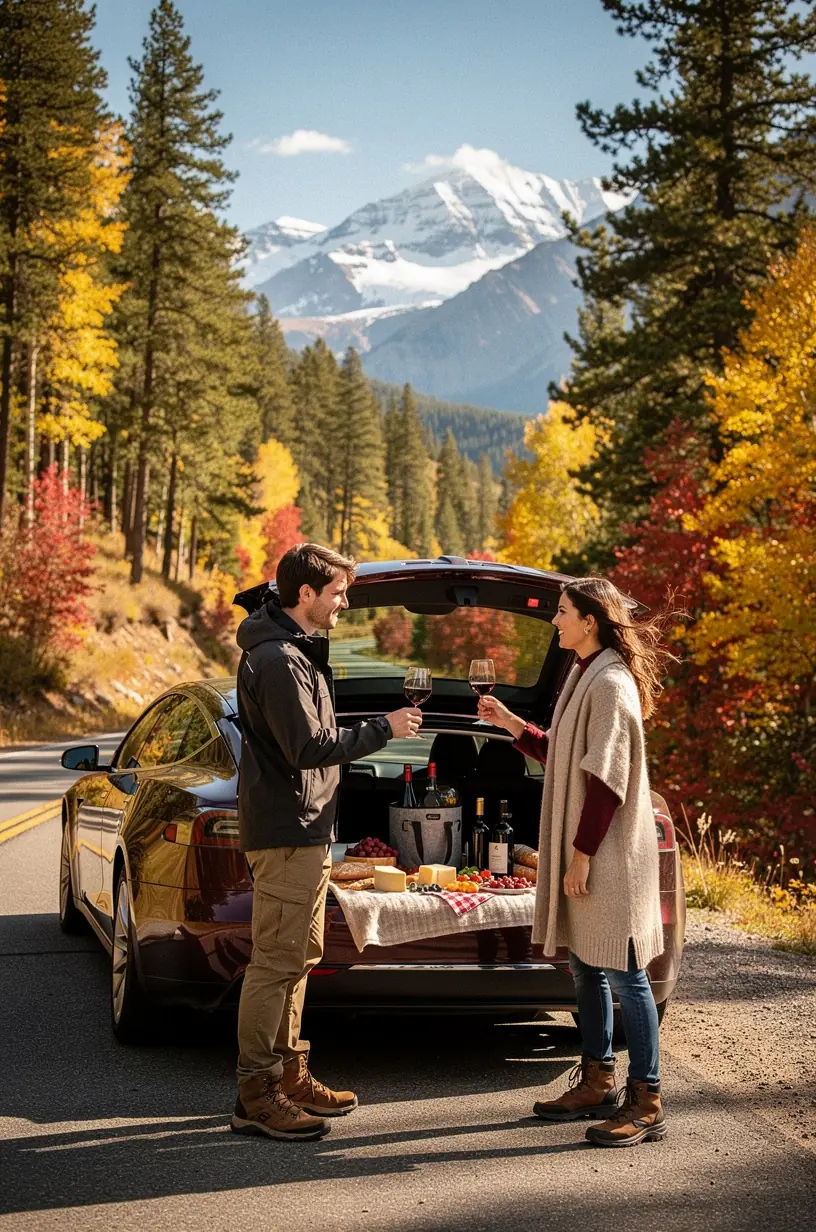 Elegant roadside dining setup with gourmet cuisine and fine wine overlooking a picturesque desert landscape.