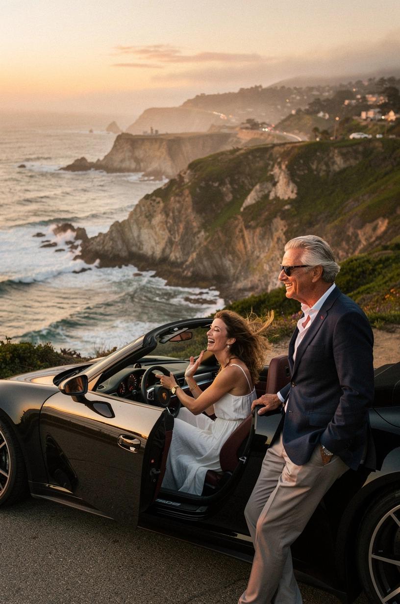 Scenic view of a luxury convertible driving along a coastal highway with mountains and ocean in the background during sunset.